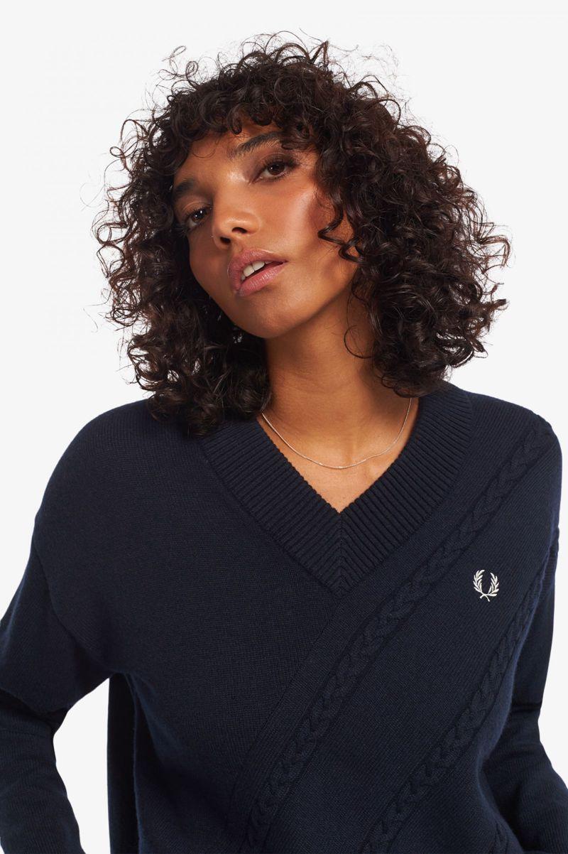 Navy Fred Perry Split Hem Cable Knit Jumper Women's Knitwear | PH 1933YXFU